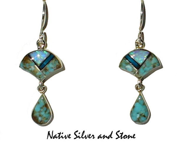 Z Elsie Armstrong - Navajo Jewelry<br>Raincloud Earrings - French Wire Multi-Inlay <br>Turquoise, Amazonite, & Imitation Opal