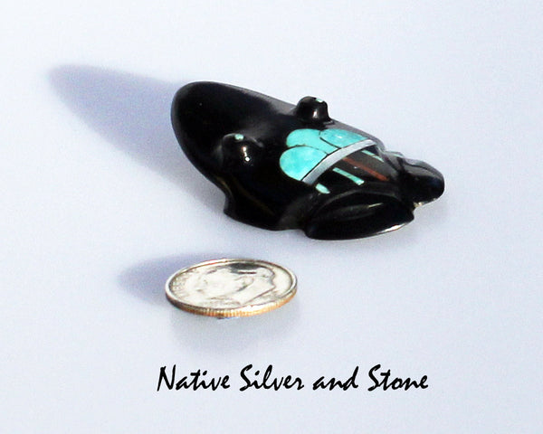 Z Frog<br>Zuni Fetish Carving<br>Emery Boone<br>Jet, Turquoise,<br>White Mother of Pearl, & Coral