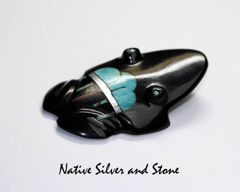 Z Frog<br>Zuni Fetish Carving<br>Emery Boone<br>Jet, Turquoise,<br>White Mother of Pearl, & Coral