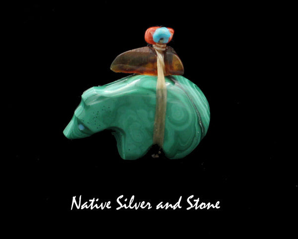 Z Bear on Fours<br>Zuni Fetish Carving<br>Emery Eriacho (Deceased)<br>Malachite with Amber, Turquoise,  & Coral Accents