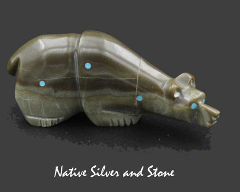 Z Bear on Fours<br>Zuni Fetish Carving<br>Ephran Chavez<br>Green Serpentine with Turquoise Dot Accents