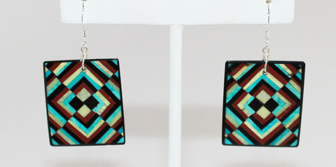Eugene & Georgia Sanchez<br>Kewa (Santo Domingo)<br>Optical Illusion Inlay Earrings<br>Rectangles -French Wire<br>Turquoise, Serpentine, Jet, and Pipe-stone.