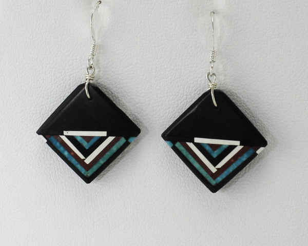 Z Eugene & Georgia Sanchez<br>Kewa (Santo Domingo)<br>Linear Mosaic Inlay Earrings<br>Equilateral Diamond - French Wire<br>Jet, Turquoise, White Shell, and Pipe-stone