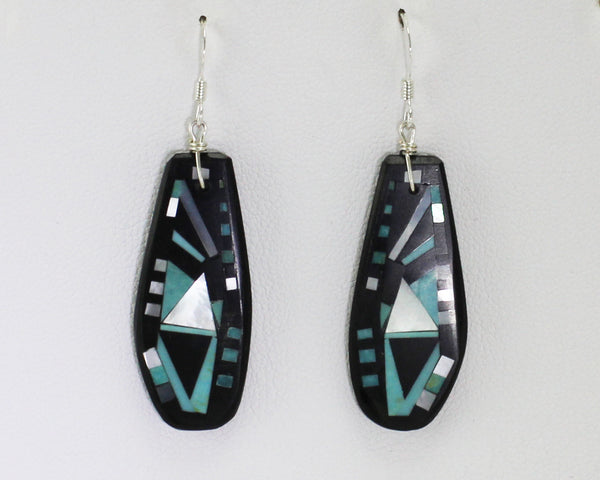 Z  Eugene & Georgia Sanchez<br>Kewa (Santo Domingo)<br>Modern Mosaic Inlay Earrings<br>Teardrop French Wire<br>Jet, White Mother of Pearl<br>and Turquoise