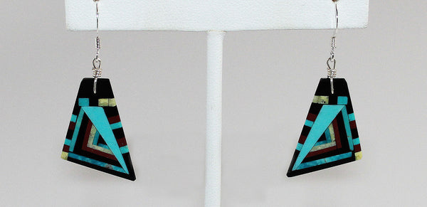 Z  Eugene & Georgia Sanchez<br>Kewa (Santo Domingo)<br>Linear Mosaic Inlay Earrings<br>Med Sm Triangles - French Wire<br>Turquoise, Serpentine, Jet, and Pipe-stone