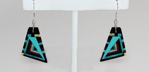 Z  Eugene & Georgia Sanchez<br>Kewa (Santo Domingo)<br>Linear Mosaic Inlay Earrings<br>Med Sm Triangles - French Wire<br>Turquoise, Serpentine, Jet, and Pipe-stone