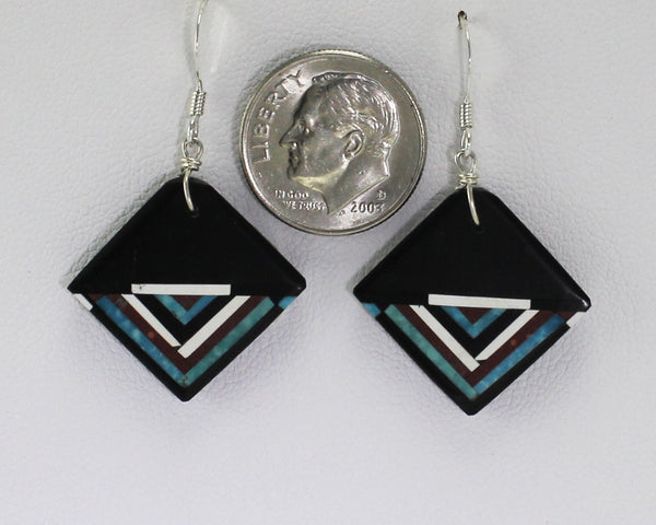Z Eugene & Georgia Sanchez<br>Kewa (Santo Domingo)<br>Linear Mosaic Inlay Earrings<br>Equilateral Diamond - French Wire<br>Jet, Turquoise, White Shell, and Pipe-stone