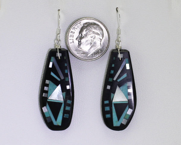 Z  Eugene & Georgia Sanchez<br>Kewa (Santo Domingo)<br>Modern Mosaic Inlay Earrings<br>Teardrop French Wire<br>Jet, White Mother of Pearl<br>and Turquoise