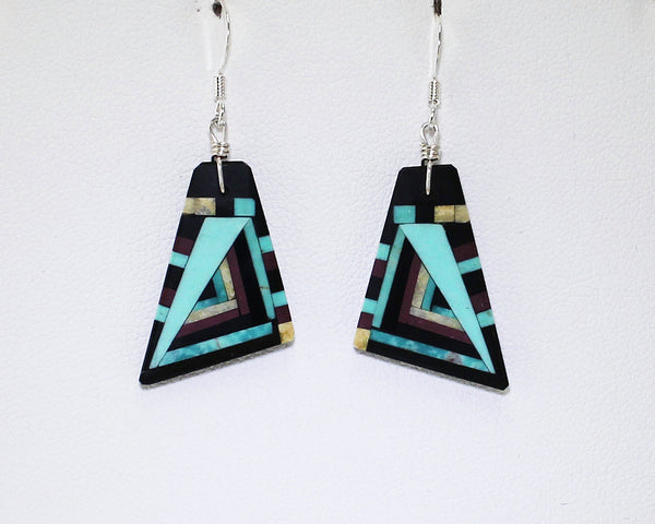 Z  Eugene & Georgia Sanchez<br>Kewa (Santo Domingo)<br>Linear Mosaic Inlay Earrings<br>Med Sm Triangles - French Wire<br>Turquoise, Serpentine, Jet, and Pipe-stone