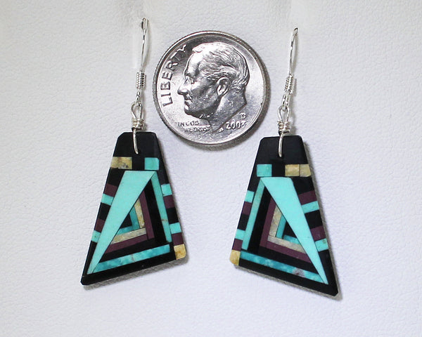 Z  Eugene & Georgia Sanchez<br>Kewa (Santo Domingo)<br>Linear Mosaic Inlay Earrings<br>Med Sm Triangles - French Wire<br>Turquoise, Serpentine, Jet, and Pipe-stone