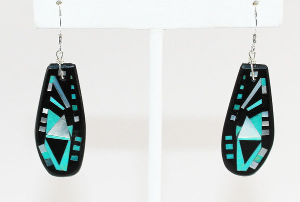 Z  Eugene & Georgia Sanchez<br>Kewa (Santo Domingo)<br>Modern Mosaic Inlay Earrings<br>Teardrop French Wire<br>Jet, White Mother of Pearl<br>and Turquoise