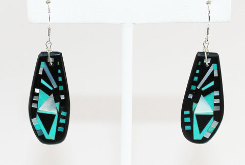 Z  Eugene & Georgia Sanchez<br>Kewa (Santo Domingo)<br>Modern Mosaic Inlay Earrings<br>Teardrop French Wire<br>Jet, White Mother of Pearl<br>and Turquoise