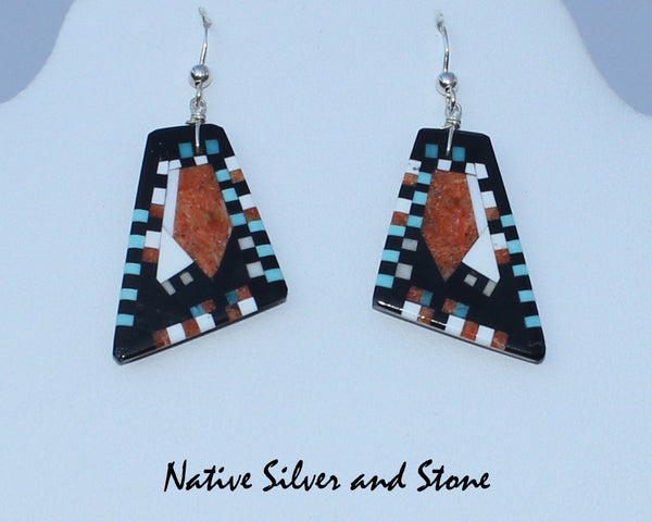 Z Eugene & Georgia Sanchez<br>Ke-Wa/Santo Domingo Pueblo<br>Med Large Triangle Mosaic Inlay<br>Earrings - French Wire<br>Apple Coral, Jet, White Shell,<br>Turquoise, and Pipestone