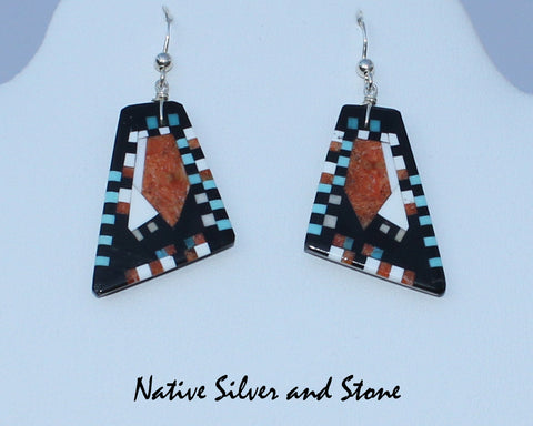 Z Eugene & Georgia Sanchez<br>Ke-Wa/Santo Domingo Pueblo<br>Med Large Triangle Mosaic Inlay<br>Earrings - French Wire<br>Apple Coral, Jet, White Shell,<br>Turquoise, and Pipestone