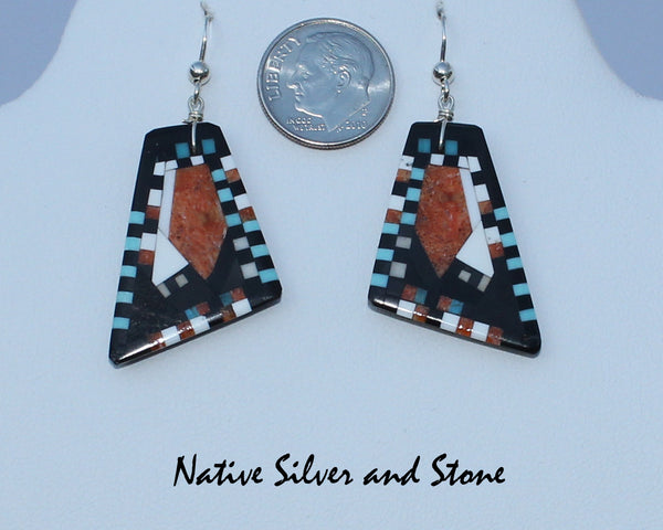 Z Eugene & Georgia Sanchez<br>Ke-Wa/Santo Domingo Pueblo<br>Med Large Triangle Mosaic Inlay<br>Earrings - French Wire<br>Apple Coral, Jet, White Shell,<br>Turquoise, and Pipestone