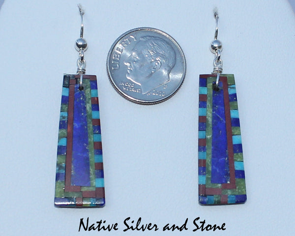 Z  Eugene & Georgia Sanchez<br>Ke-Wa/Santo Domingo Pueblo<br>Med Small Triangle Mosaic Inlay<br>Earrings - French Wire<br>Lapis, Turquoise, Pipestone,<br>and Serpentine