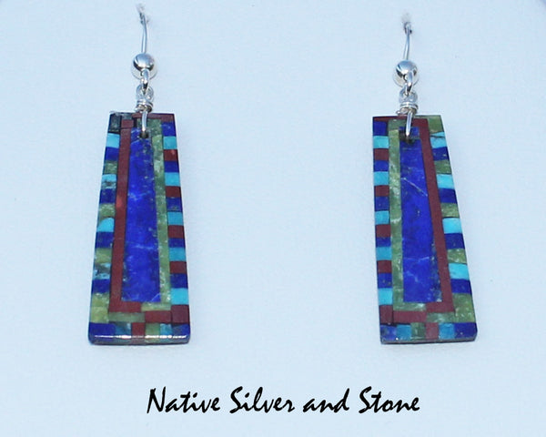 Z  Eugene & Georgia Sanchez<br>Ke-Wa/Santo Domingo Pueblo<br>Med Small Triangle Mosaic Inlay<br>Earrings - French Wire<br>Lapis, Turquoise, Pipestone,<br>and Serpentine