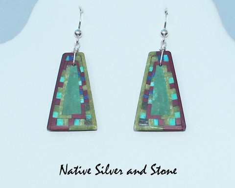 Z Eugene & Georgia Sanchez<br>Ke-Wa/Santo Domingo Pueblo<br>Medium Triangle Mosaic Inlay<br>Earrings - French Wire<br>Serpentine, Pipestone,Turquoise, and Jet