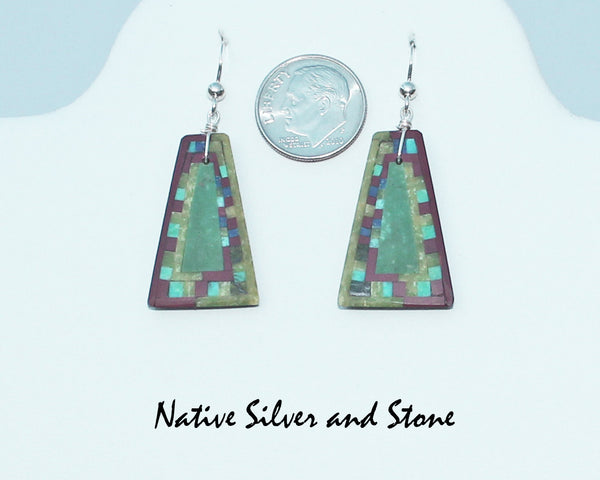 Z Eugene & Georgia Sanchez<br>Ke-Wa/Santo Domingo Pueblo<br>Medium Triangle Mosaic Inlay<br>Earrings - French Wire<br>Serpentine, Pipestone,Turquoise, and Jet