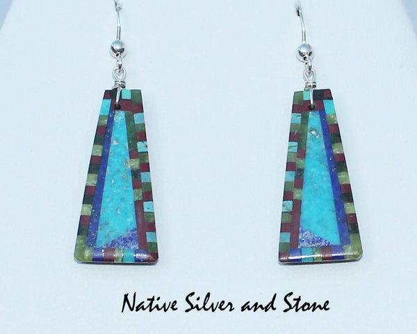Z Eugene & Georgia Sanchez<br>Ke-Wa/Santo Domingo Pueblo<br>Med Small Triangle Mosaic Inlay<br>Earrings - French Wire<br>Turquoise, Jet, Apple Coral,<br>and Serpentine