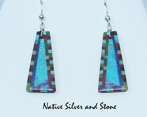 Z Eugene & Georgia Sanchez<br>Ke-Wa/Santo Domingo Pueblo<br>Med Small Triangle Mosaic Inlay<br>Earrings - French Wire<br>Turquoise, Pipestone, Lapis<br>and Serpentine