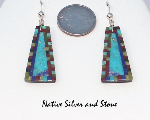 Z Eugene & Georgia Sanchez<br>Ke-Wa/Santo Domingo Pueblo<br>Med Small Triangle Mosaic Inlay<br>Earrings - French Wire<br>Turquoise, Jet, Apple Coral,<br>and Serpentine