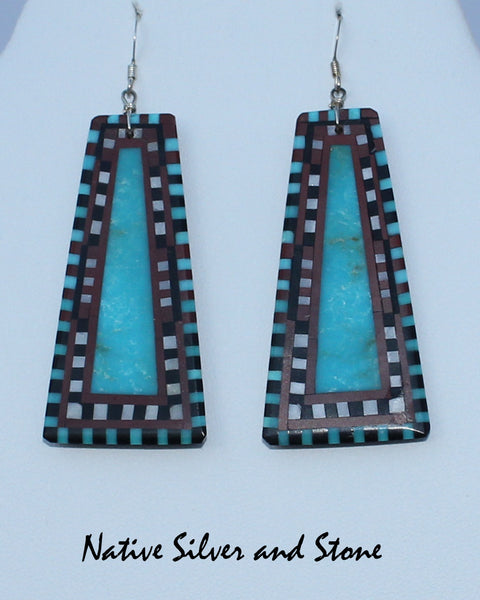 Eugene & Georgia Sanchez<br>Ke-Wa/Santo Domingo Pueblo<br>Large Triangle Mosaic Inlay<br>Earrings - French Wire<br>Turquoise, Pipestone,White MOP,<br>and Jet