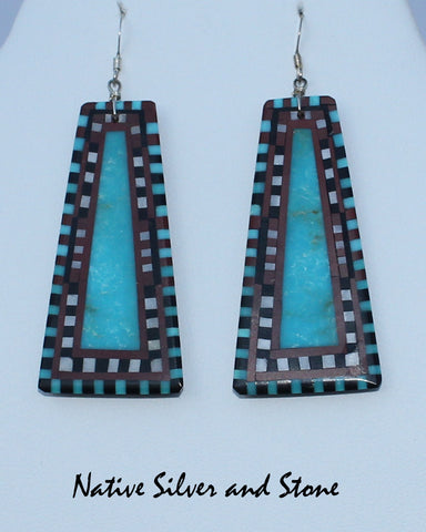 Eugene & Georgia Sanchez<br>Ke-Wa/Santo Domingo Pueblo<br>Large Triangle Mosaic Inlay<br>Earrings - French Wire<br>Turquoise, Pipestone,White MOP,<br>and Jet