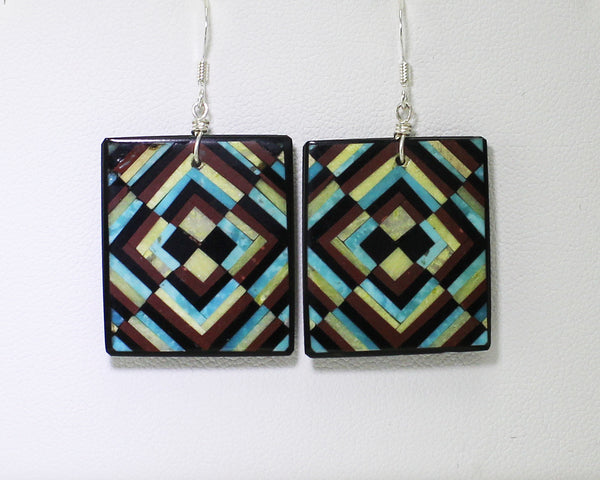 Eugene & Georgia Sanchez<br>Kewa (Santo Domingo)<br>Optical Illusion Inlay Earrings<br>Rectangles -French Wire<br>Turquoise, Serpentine, Jet, and Pipe-stone.