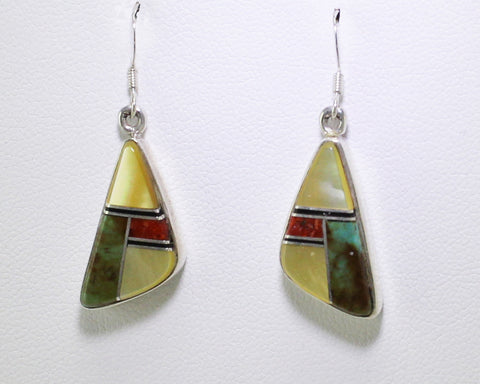 Miscellaneous Artist<br>Navajo Shop Jewelry<br>Earrings - French Wire<br>"Desert Autumn"<br>Multi-inlay Triangles<br>Gold Lip Mother of Pearl<br>Green Turquoise<br>Orange Spiny,  & Sierra Black Rock<br>