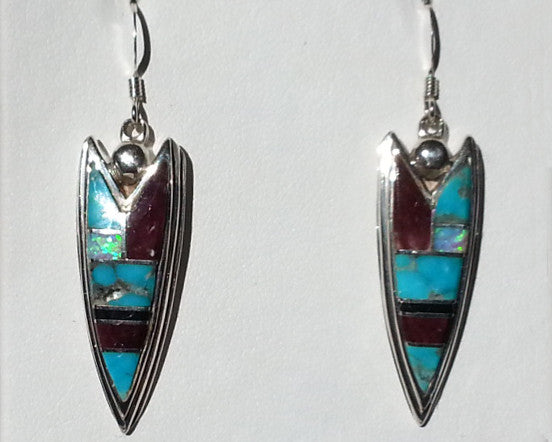 Navajo Jewelry<br>Earrings<br>Long Arrowhead<br>Multi-inlay<br>Turquoise, Purple Spiny, Opal, and Sierra Blackrock<br>Hook<br>Sterling Silver