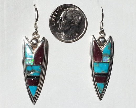 Navajo Jewelry<br>Earrings<br>Long Arrowhead<br>Multi-inlay<br>Turquoise, Purple Spiny, Opal, and Sierra Blackrock<br>Hook<br>Sterling Silver