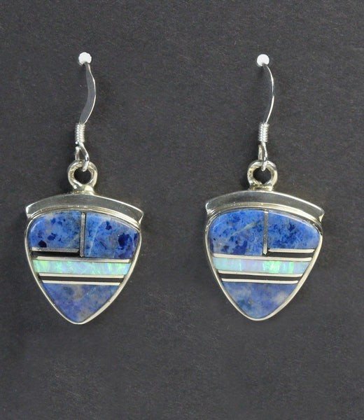 Navajo Jewelry<br>Earrings - French Wire "Denim Opal"<br> Arrowhead/Shield Large<br>Denim Lapis, Opal &<br>Black-Rock Multi-Inlay