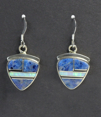 Navajo Jewelry<br>Earrings - French Wire "Denim Opal"<br> Arrowhead/Shield Large<br>Denim Lapis, Opal &<br>Black-Rock Multi-Inlay