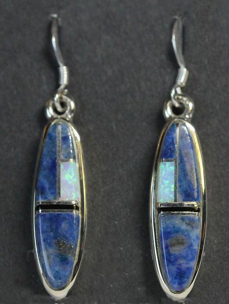 Navajo Jewelry<br>Earrings - French Wire<br>"Denim Opal"<br>Denim Lapis, Opal, & Jet<br>Long Vertical Ovals