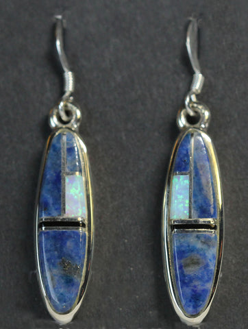 Navajo Jewelry<br>Earrings - French Wire<br>"Denim Opal"<br>Denim Lapis, Opal, & Jet<br>Long Vertical Ovals