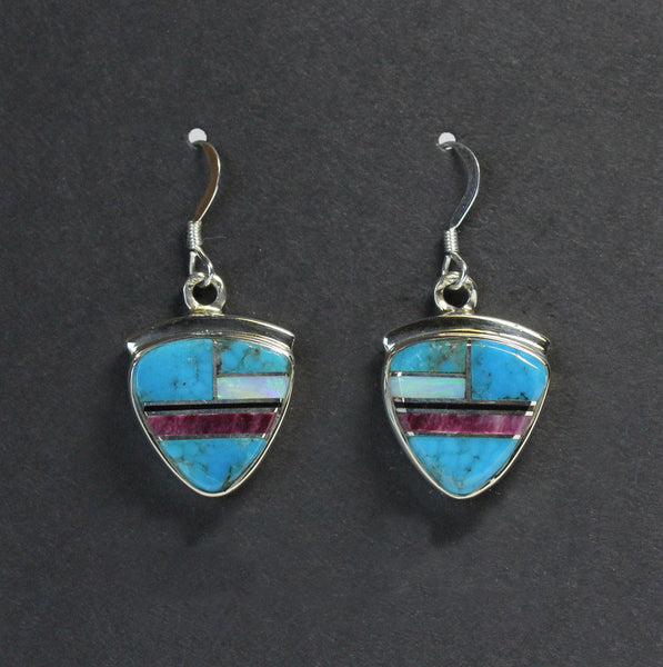 Z Navajo Jewelry Earrings<br>French Wire "Purple Haze"<br>Arrowhead/Shield Large<br>Kingman Turquoise<br>Purple Spiny, Opal,<br>& Black-Rock<br>Multi-Inlay