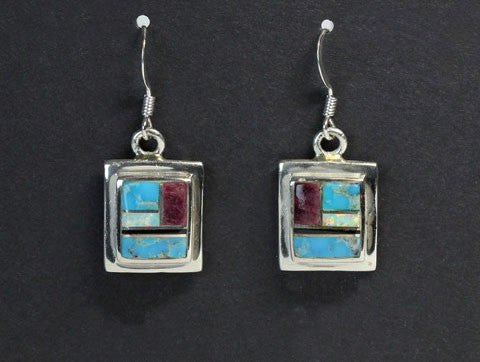 Earrings - French Wire<br>"Purple Haze"<br>KingmanTurquoise, Purple Spiny, Opal,<br>& Black-Rock Multi-Inlay<br>Vertical Rectangle<br>Small w Sterling Silver Accent Perimeter
