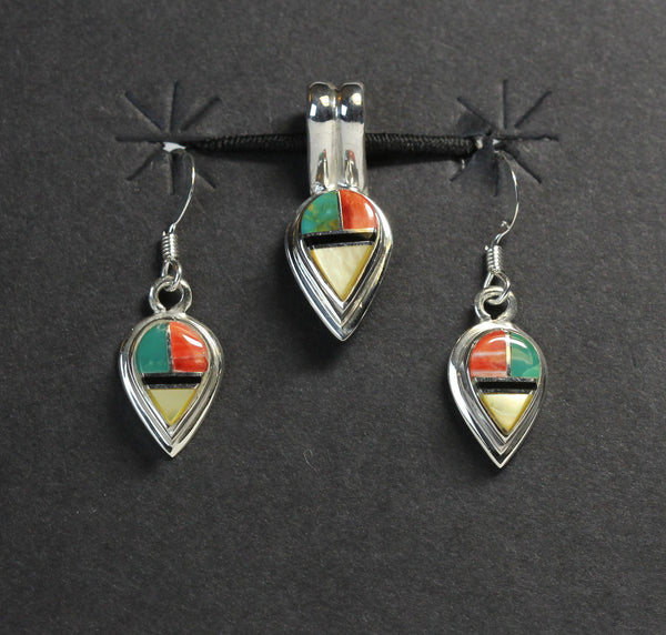 Set - Multi-Inlay Reverse Teardrops<br>Pendant & Earrings (French Wire)<br>"Desert Autumn"<br>Turquoise, Orange Spiny, Jet<br>& Gold-Lip Mother of Pearl<br>18" Sterling Silver Box Chain