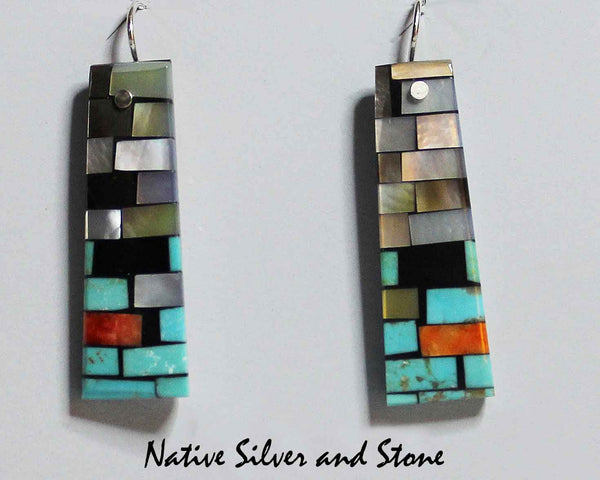 Z Charlene & Frank Reano<br>(Ke-Wa - Santo Domingo) Jewelry<br>Earrings - French Wire<br>Vertical Rectangle<br>Multi-Inlay Mosaic<br>Mother of Pearl in Tones of:<br>White-Brown-Gold & Grey,<br>Green Turquoise,  Jet, and Coral
