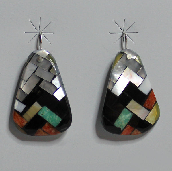 Z Charlene & Frank Reano<br>(Santo Domingo/Ke-Wa) Jewelry<br>French Wire Multi-Inlay Mosaic <br>Mother of Pearl - White, Gold, Grey, Green Turquoise,  Jet, and Coral
