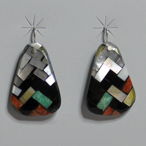 Z Charlene & Frank Reano<br>(Santo Domingo/Ke-Wa) Jewelry<br>French Wire Multi-Inlay Mosaic <br>Mother of Pearl - White, Gold, Grey, Green Turquoise,  Jet, and Coral
