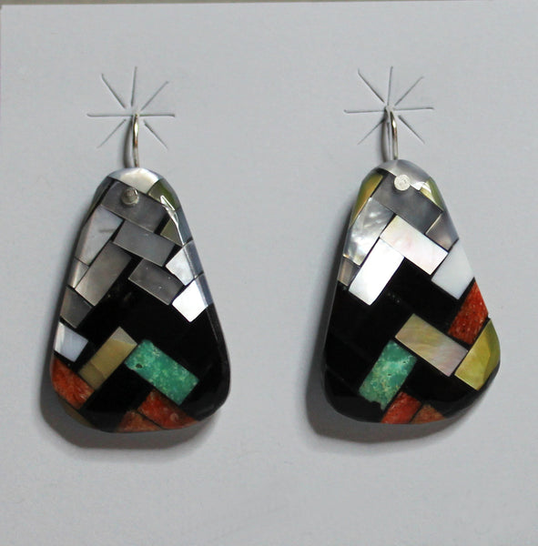 Z Charlene & Frank Reano<br>(Santo Domingo/Ke-Wa) Jewelry<br>French Wire Multi-Inlay Mosaic <br>Mother of Pearl - White, Gold, Grey, Green Turquoise,  Jet, and Coral