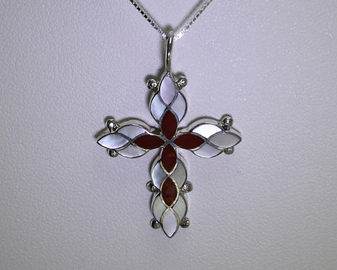 Z Miscellaneous Artist - FS<br>Zuni Cross Pendant<br>Multi-inlay White Mother of Pearl<br>and Red Coral Sharp Ovals<br>Sterling Silver Beads & Setting<br>with 18" Box Chain