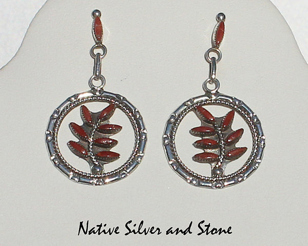 Floyd Etsate - Zuni<br>1" Earrings<br>Coral Needlepoint<br>Circles with Leafy Branch<br>Dangle Post<br>Sterling Silver