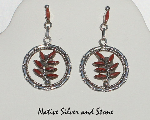 Floyd Etsate - Zuni<br>1" Earrings<br>Coral Needlepoint<br>Circles with Leafy Branch<br>Dangle Post<br>Sterling Silver