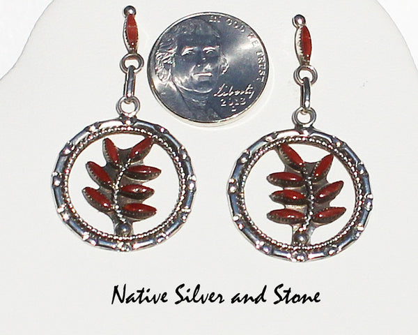Floyd Etsate - Zuni<br>1" Earrings<br>Coral Needlepoint<br>Circles with Leafy Branch<br>Dangle Post<br>Sterling Silver