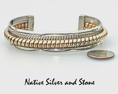 Z Franklin & Verna Tahe (Navajo)<br>Bracelet Cuff - 2754 - 9/16" Wide<br>12K Gold Fill Rope<br>Silver Twistwires & Stamped Designs Perimeter<br>Size: 6-1/2" Medium