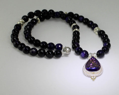 Z Glenda Loretto - Jemez Jewelry<br>Necklace with Pendant<br>Purple Agate Beads and Druzy Quartz<br>Set in Sterling Silver with 18K Gold Accent Beads