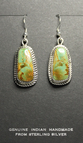 Z Gene & Martha Jackson<br>Both Deceased<br>Navajo Jewelry<br>Earrings - French Wire<br>Vertical Oblong Green Turquoise<br>in Sterling Silver with<br>Twist Wire Perimeter